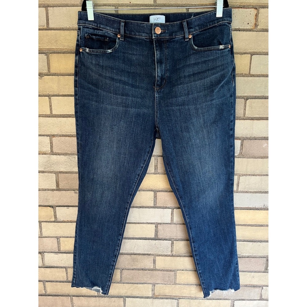 Loft Dark Wash High Rise Skinny Ankle Jeans Raw Hem Size 14 Stretch Denim